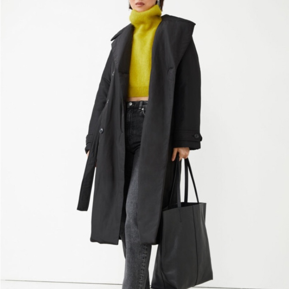 & Other Stories Padded Black Double-Breasted Trench Coat